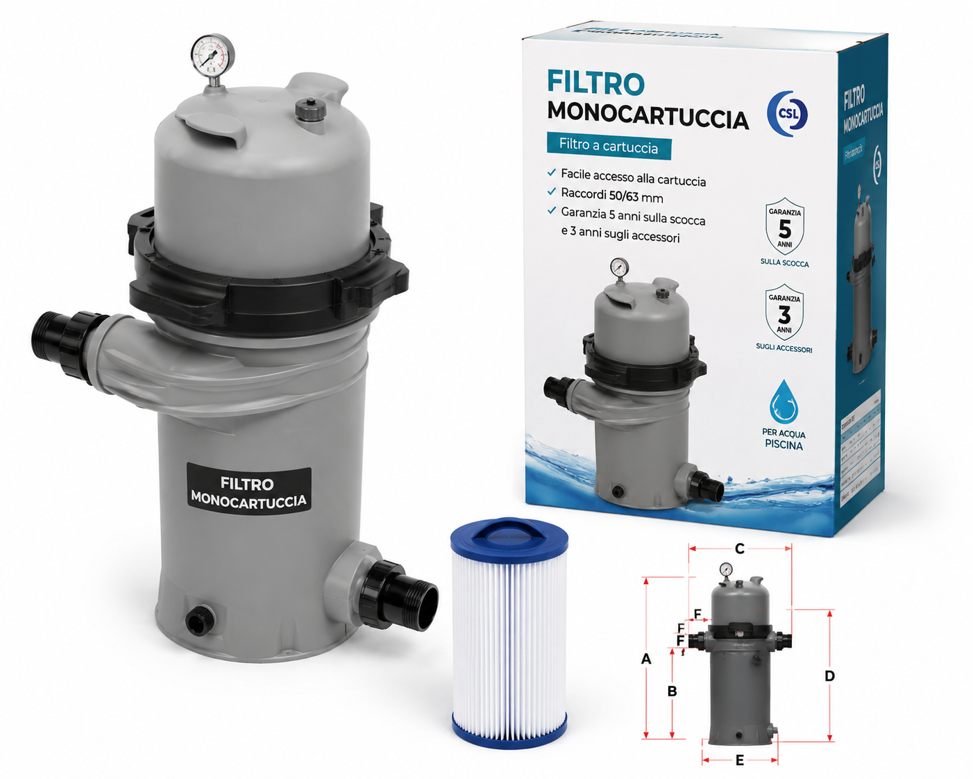 Filtro Monocartuccia per Piscina con Raccordi 50/63 mm