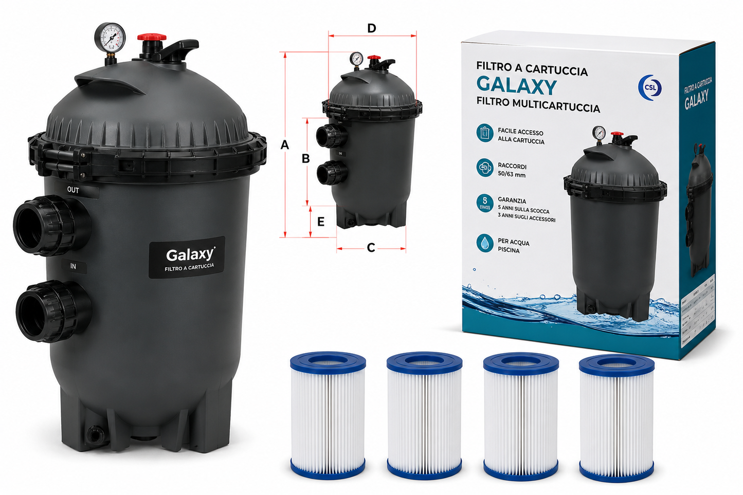 Filtro a Cartuccia Galaxy per Piscina con Raccordi 50/63 mm